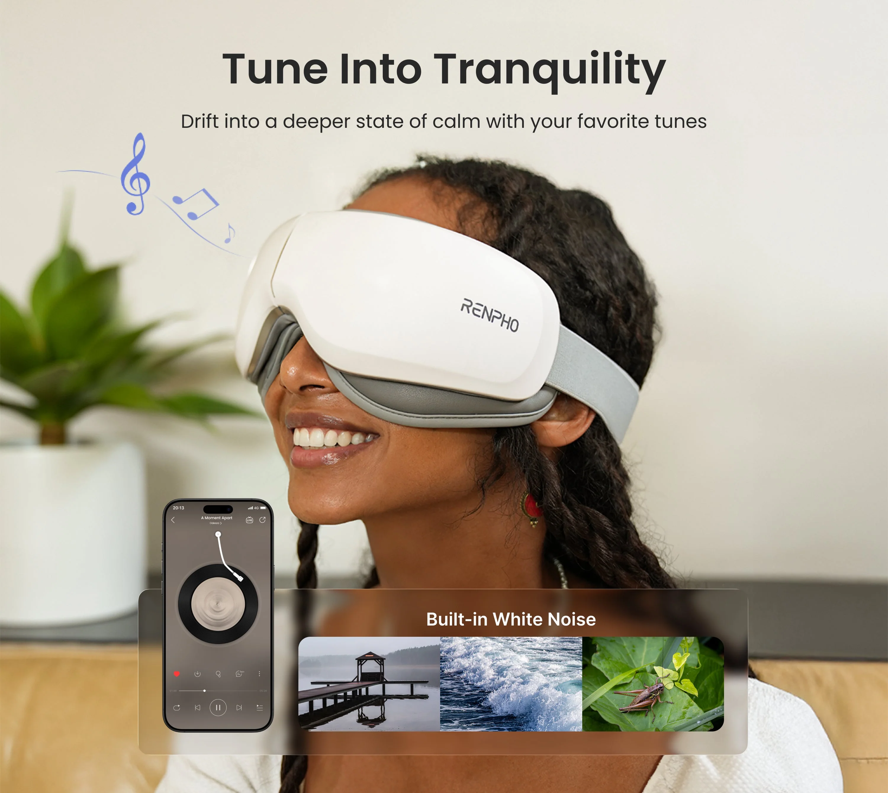 A soft, foldable eye massager resting on a nightstand beside a bed, ready for a wind-down session